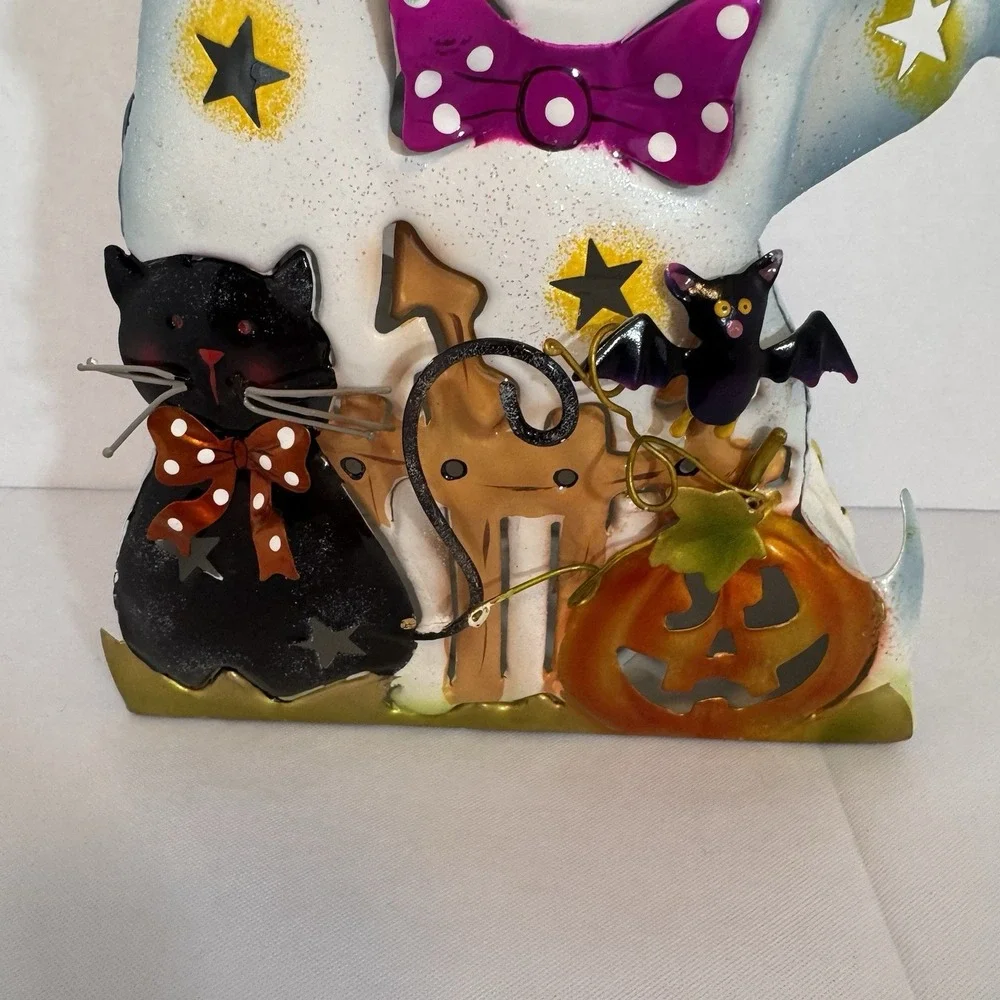 Vintage Halloween Metal Candle Tin Ghost Pumpkin and Cat Home Accent Tea Light‎